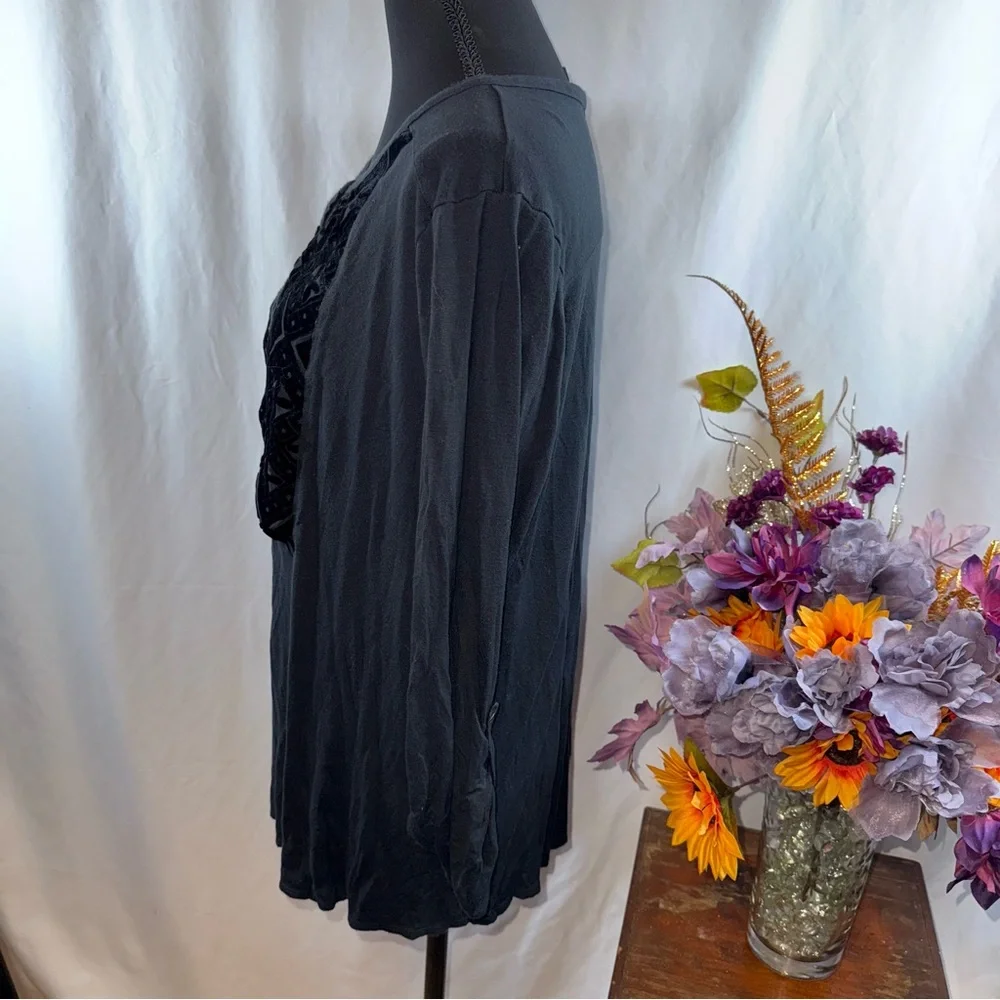 Lucky Brand 1X Black Henley Top Velvet Burnout Geo Boho Long Sleeve - Picture 3 of 8